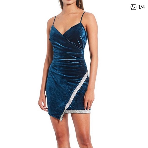 Emerald Sundae Teal Velvet Asymmetrical Dress - Picture 1 of 7